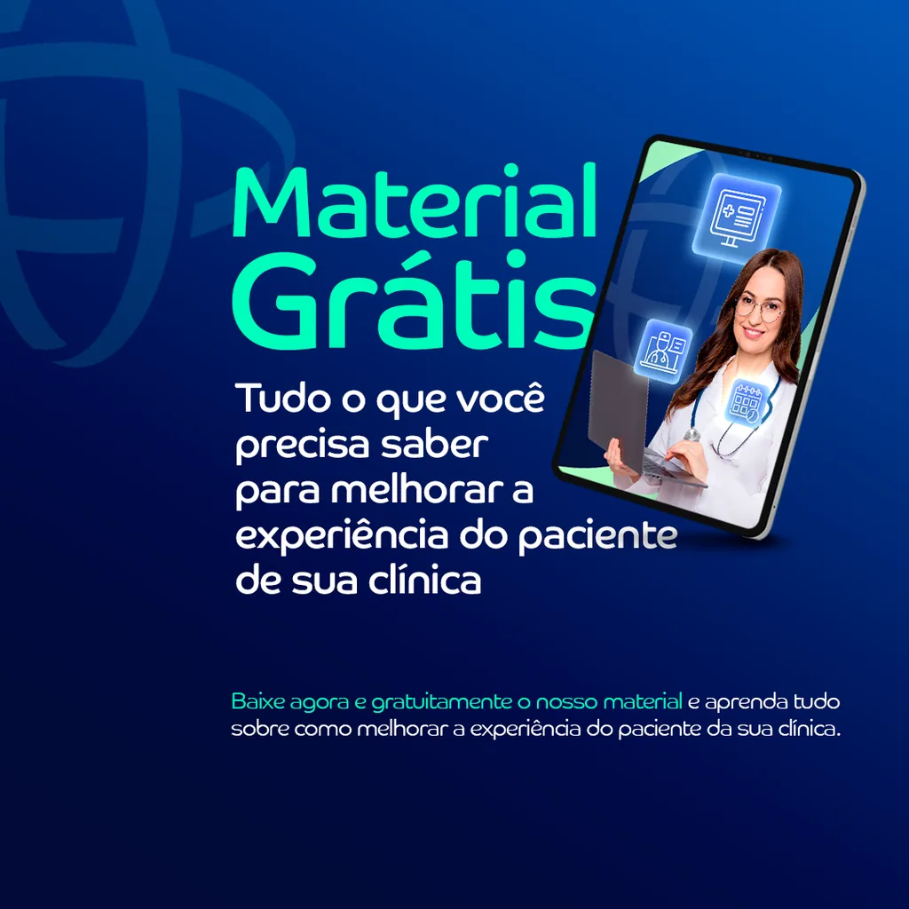 Banner da OnlineClinic: “Material Grátis — tudo o que você precisa saber para melhorar a experiência do paciente de sua clínica”, com uma médica ao lado de um celular exibindo a plataforma.