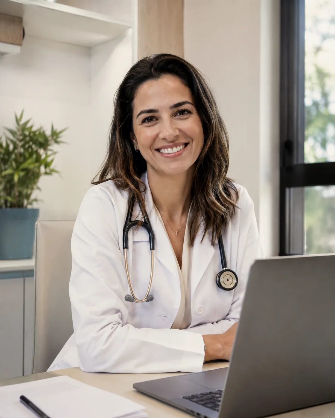 Médica sorri na mesa do consultório, com o notebook aberto à frente