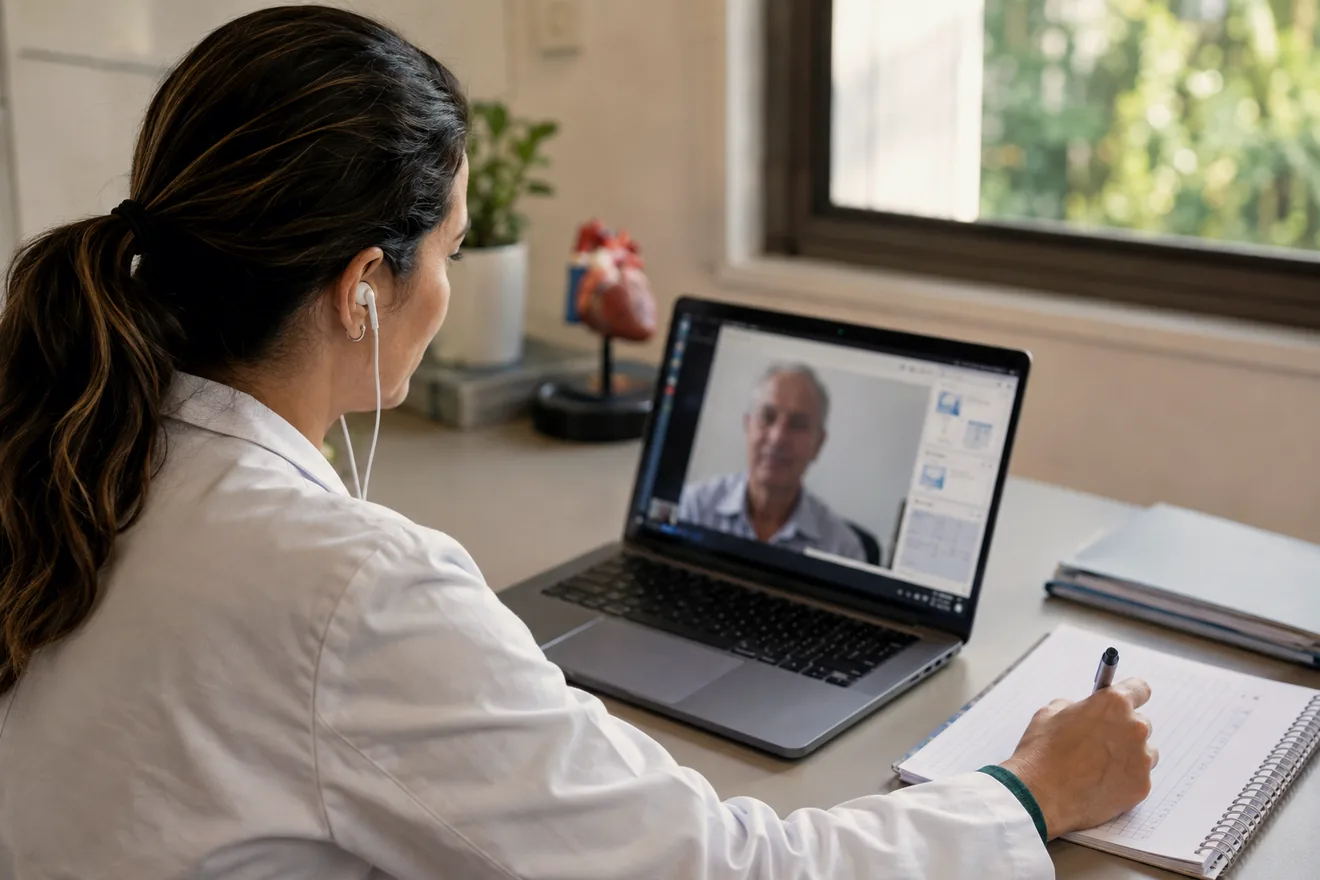 Médica atende uma paciente por vídeo no notebook, do consultório