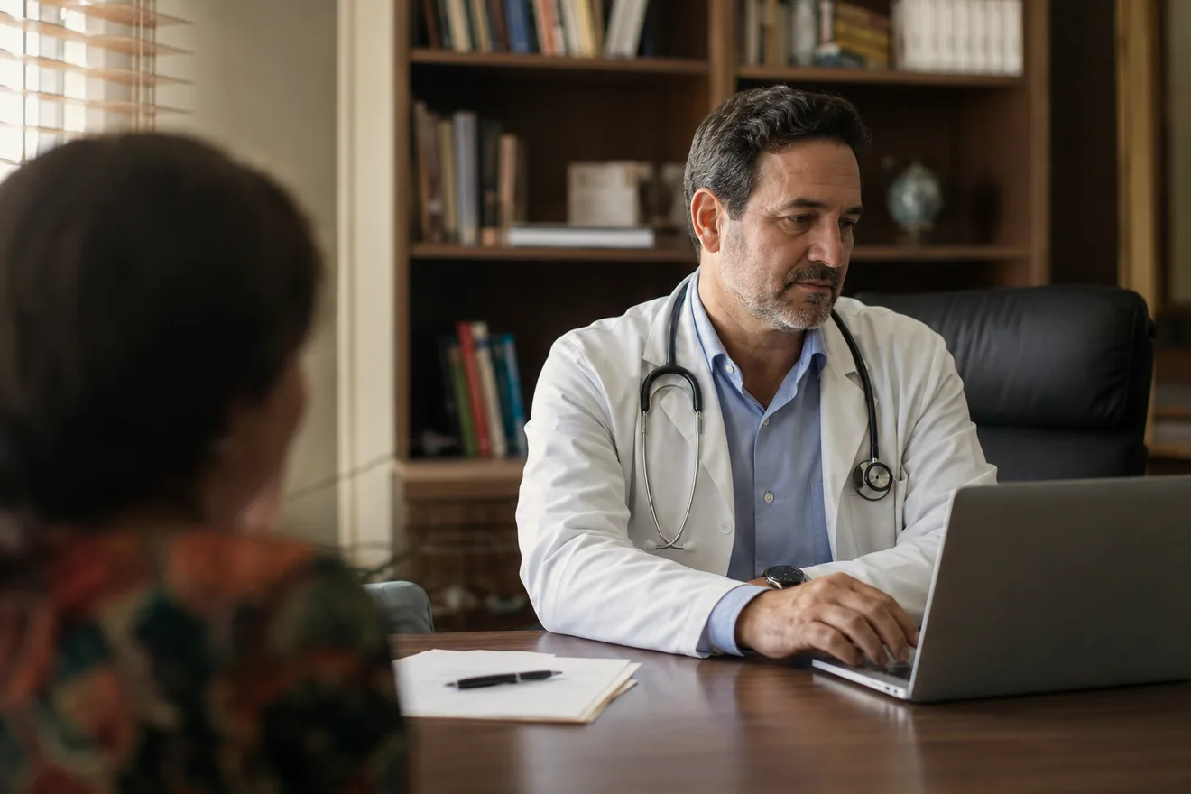 Médico registra o atendimento no notebook enquanto conversa com o paciente