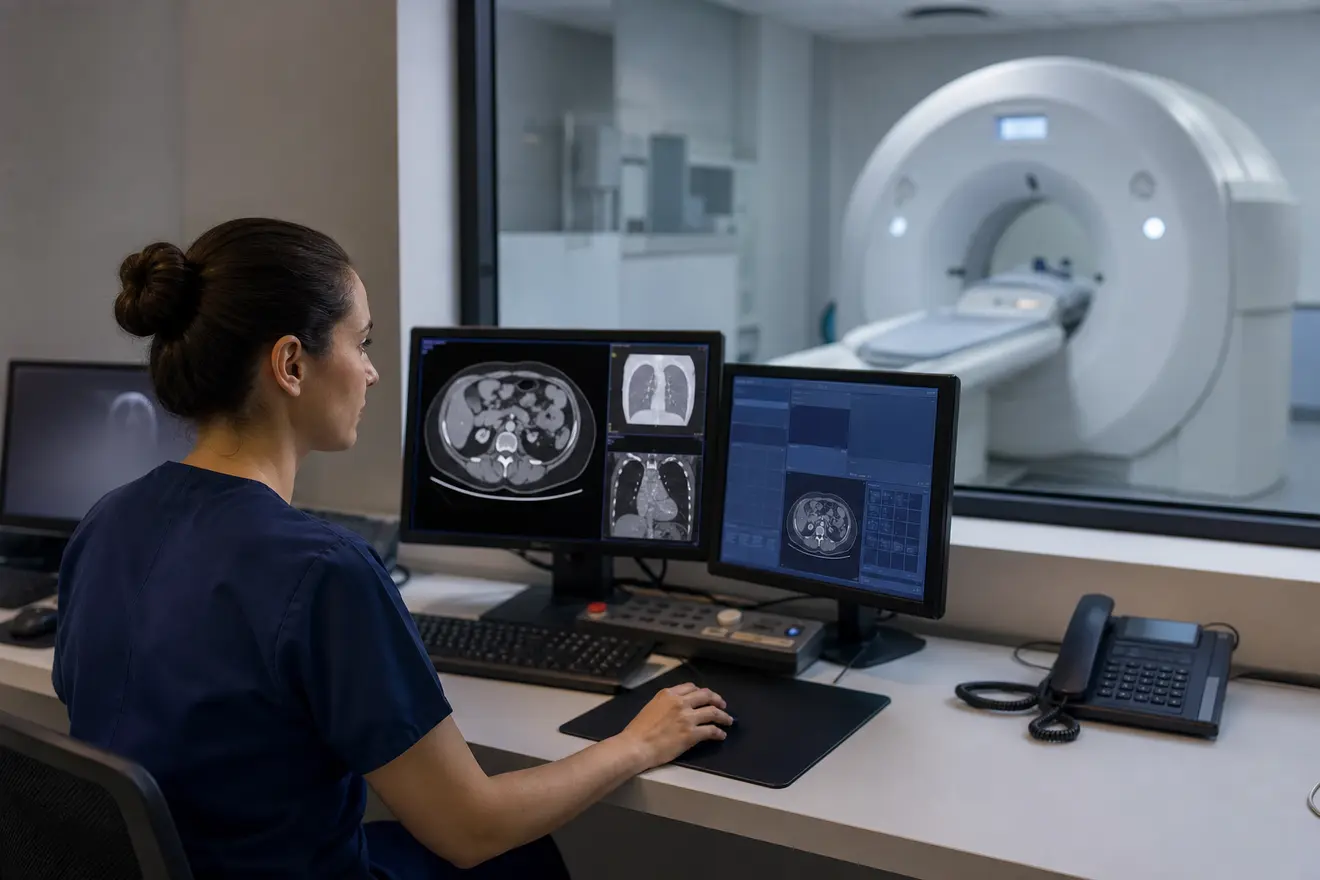 Profissional de radiologia acompanha imagens na estação de trabalho, com o equipamento de tomografia ao fundo